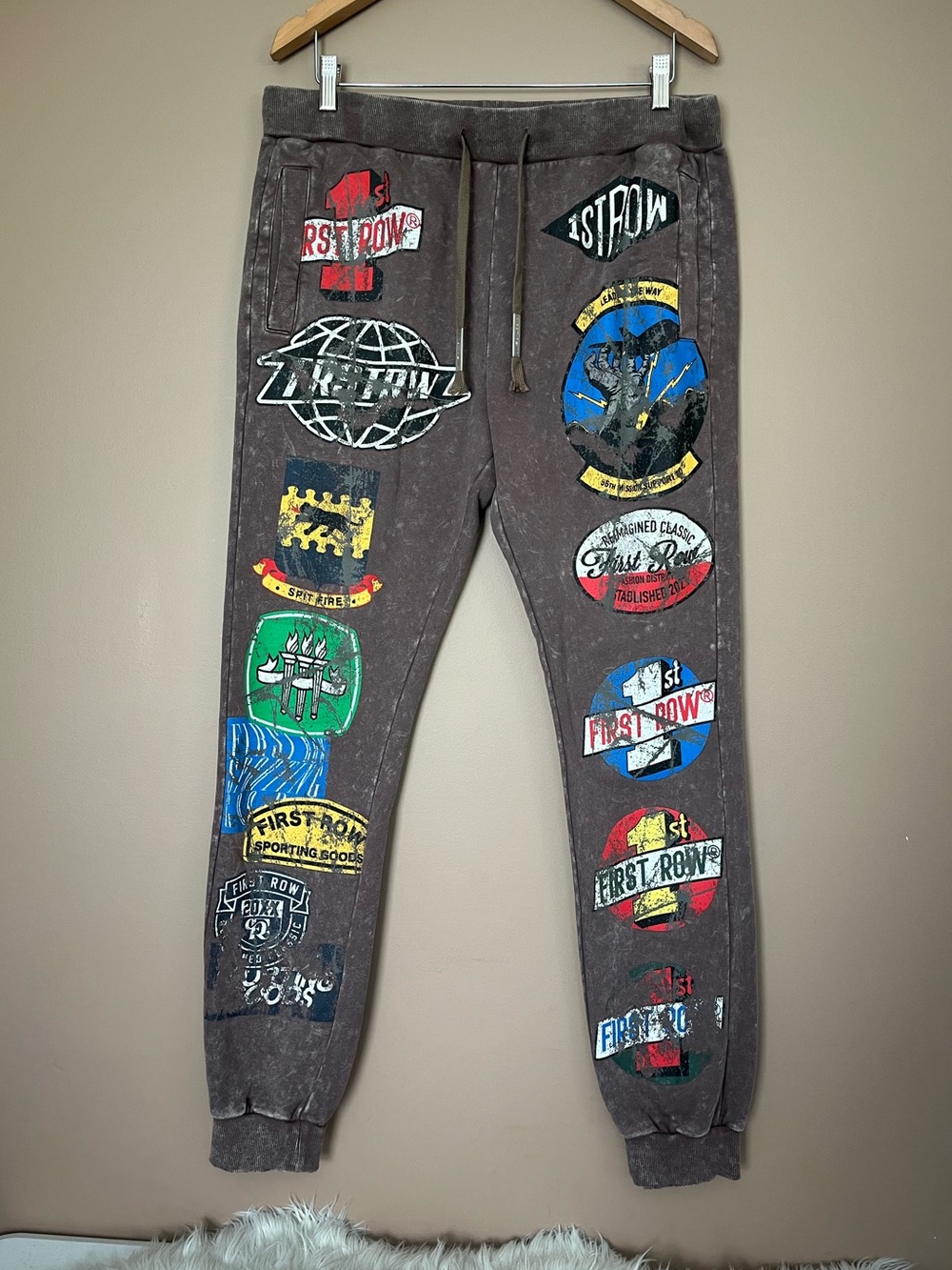 {First Row} Stone Washed Graphic Sweatpant Joggers in Brown - Mens Large